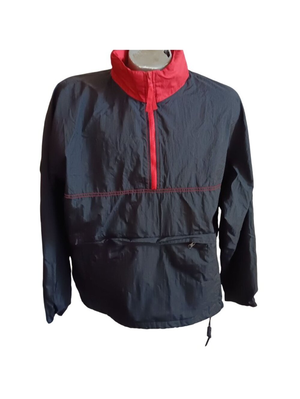 Vintage Men's Large Windbreaker Jacket Red Black Hooded Front 1/2 Zip Pocket